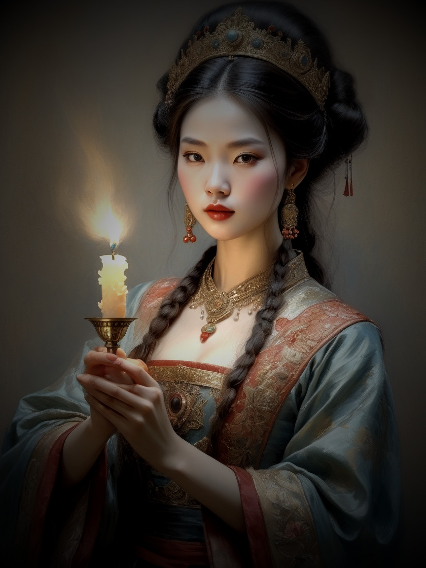 Young Woman in Traditional Attire with Candlelight Glow
