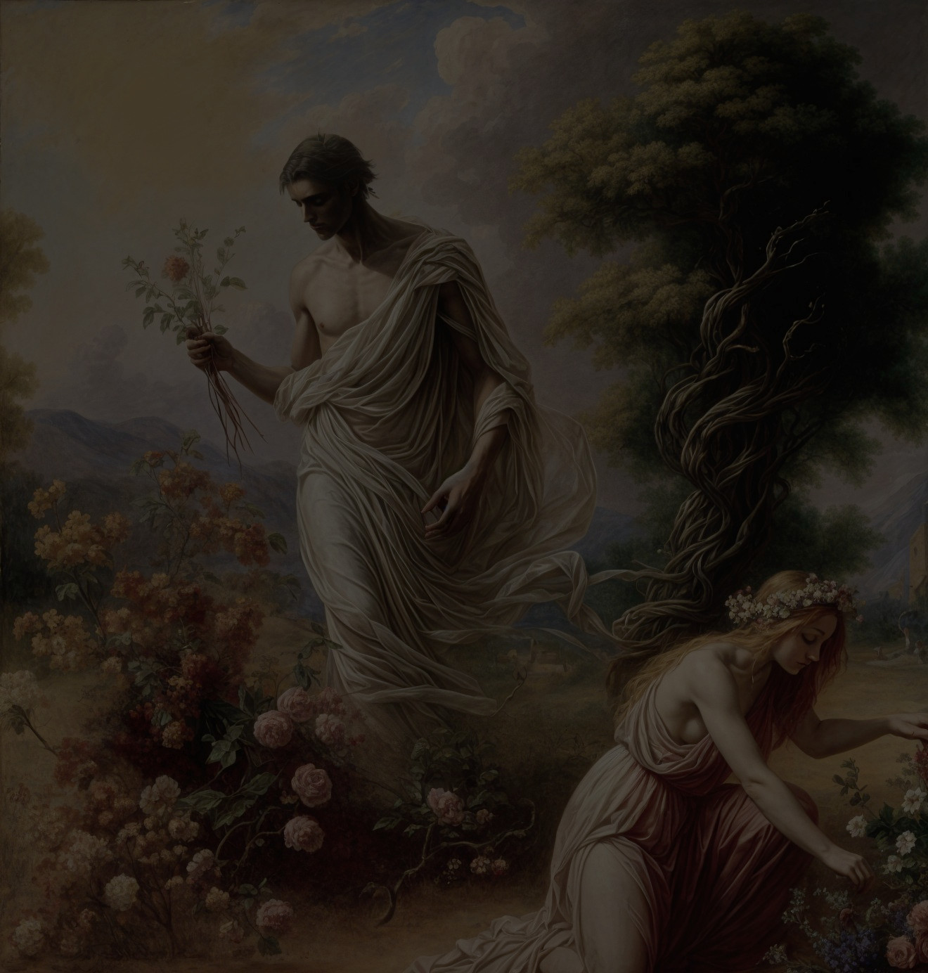 Romantic Garden Scene with Flowing Drapery and Flowers