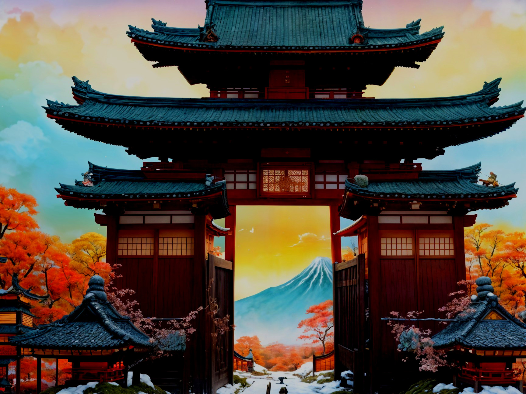 Traditional Japanese Gate Surrounded by Autumn Foliage