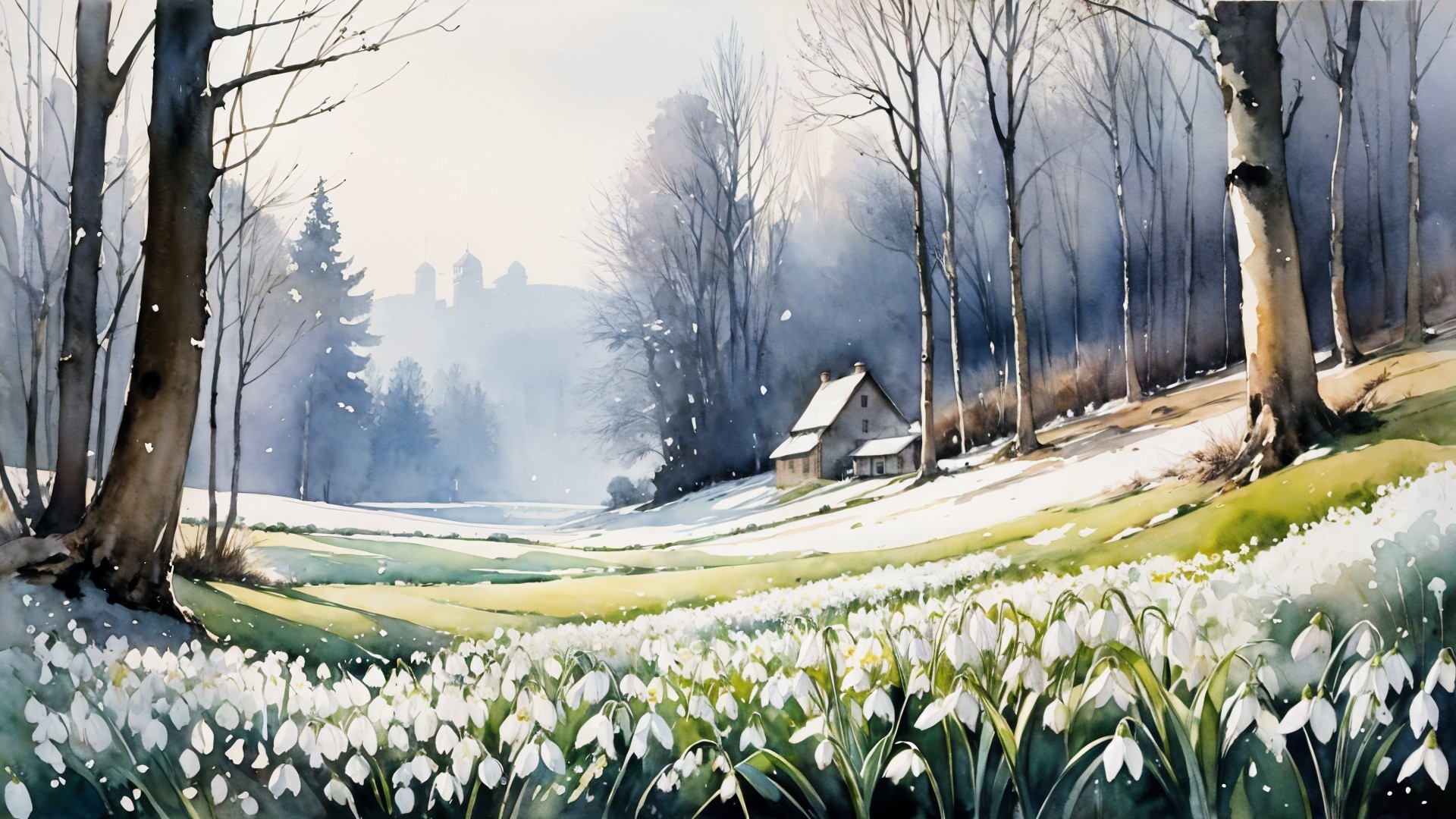 Tranquil Winter Landscape with Snow and Snowdrops