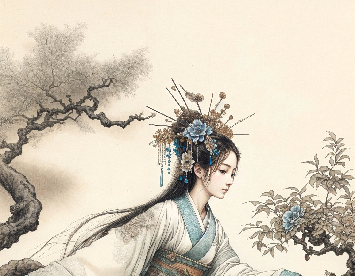 Young Woman in Traditional Attire with Floral Branch