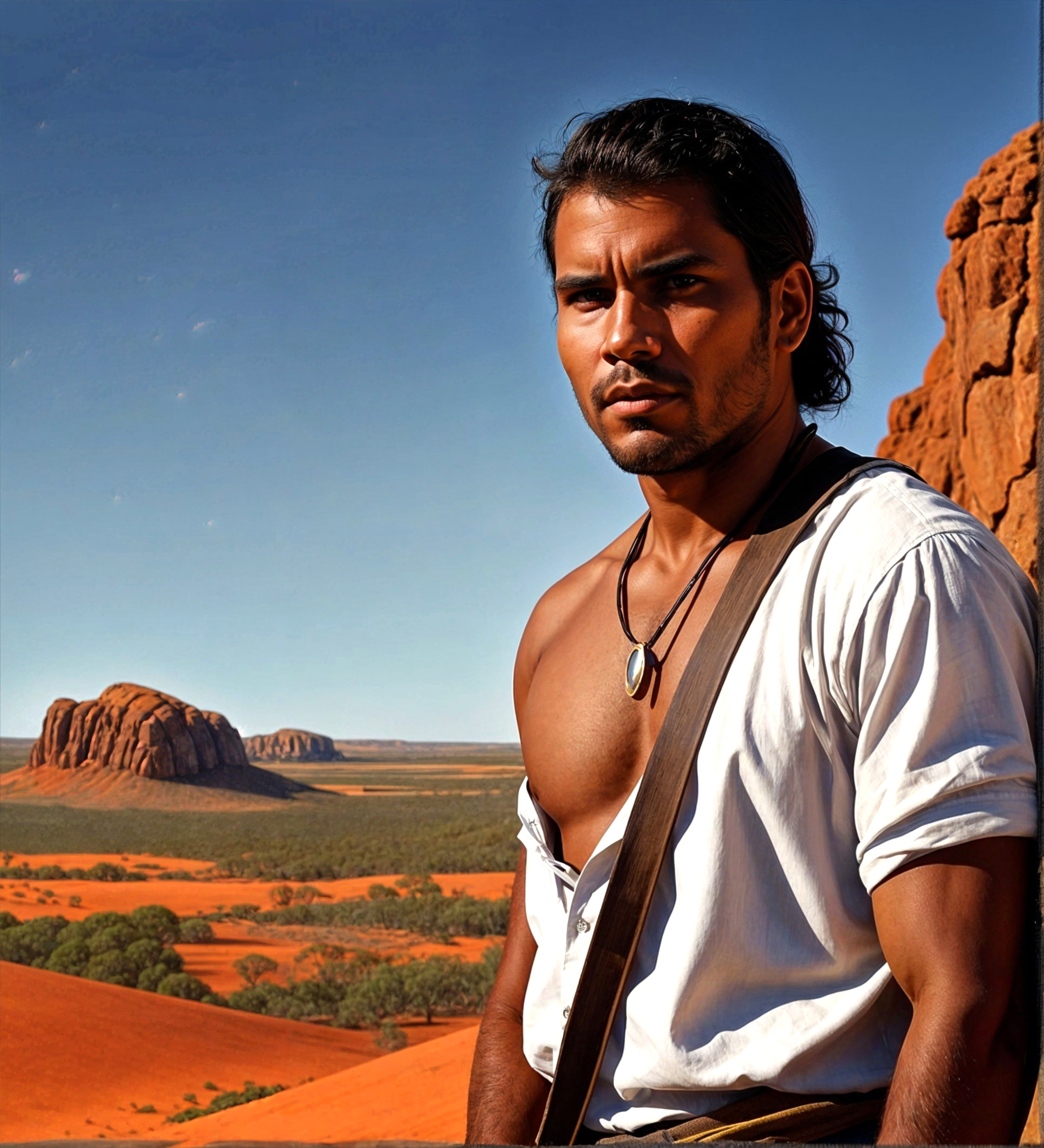 Young man in desert landscape with red sands and blue sky