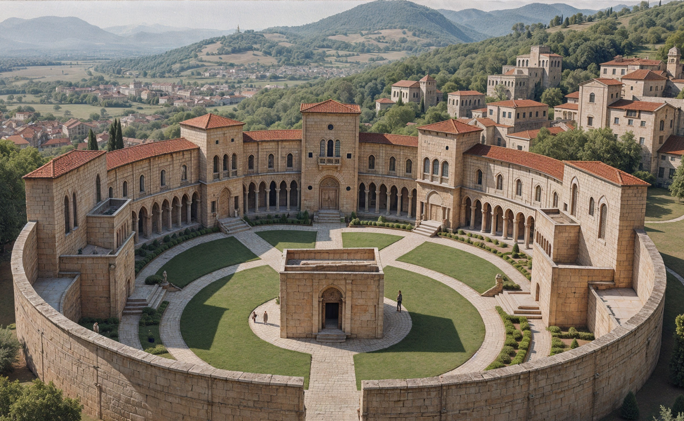 Grand Circular Courtyard with Stone Building and Hills