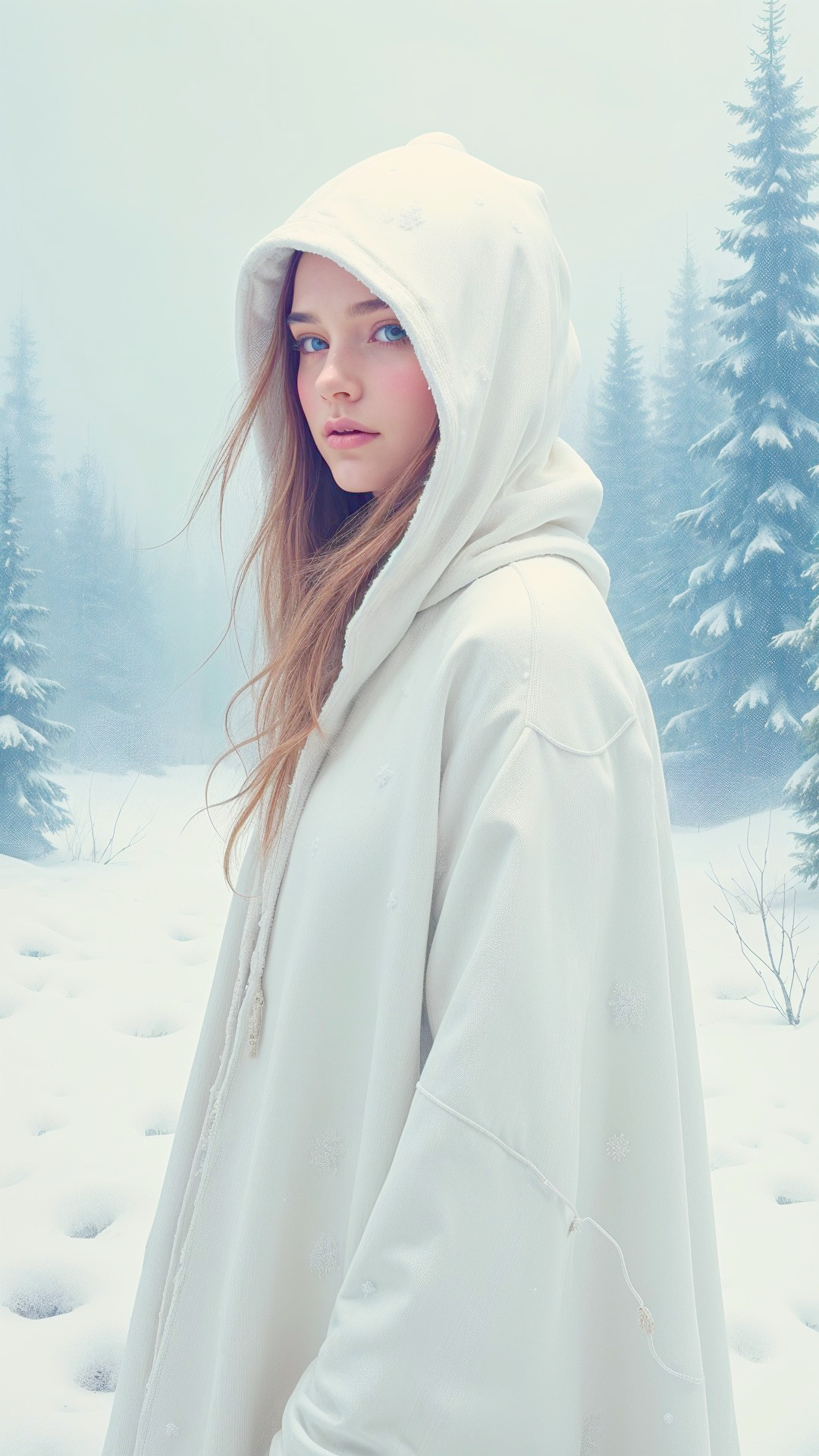 Young Person in Oversized Hoodie in Snowy Landscape