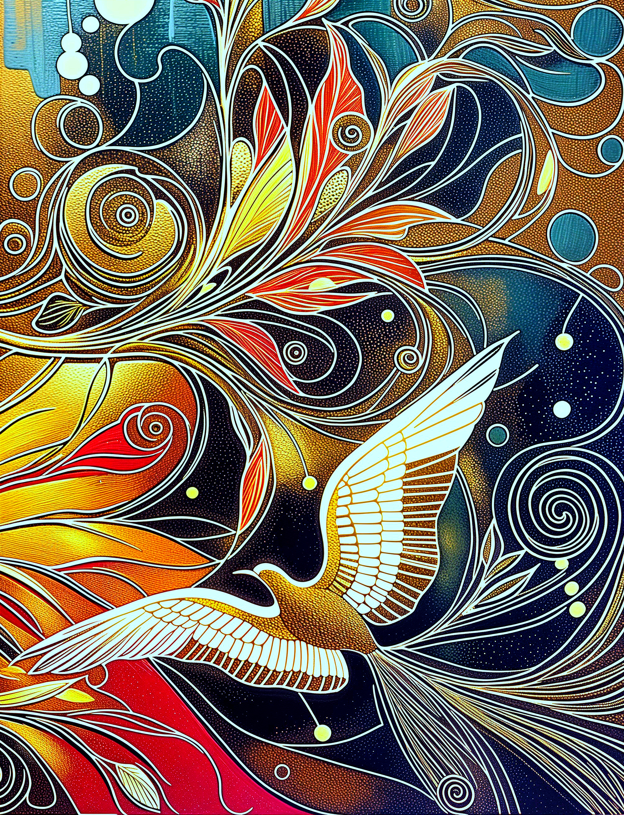 Vibrant Abstract Design with Floral Elements and Bird