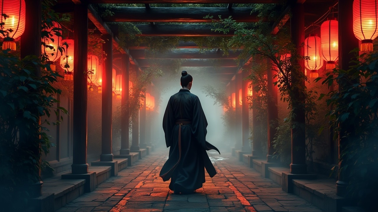 Traditional Kimono Figure on Lantern-Lit Pathway