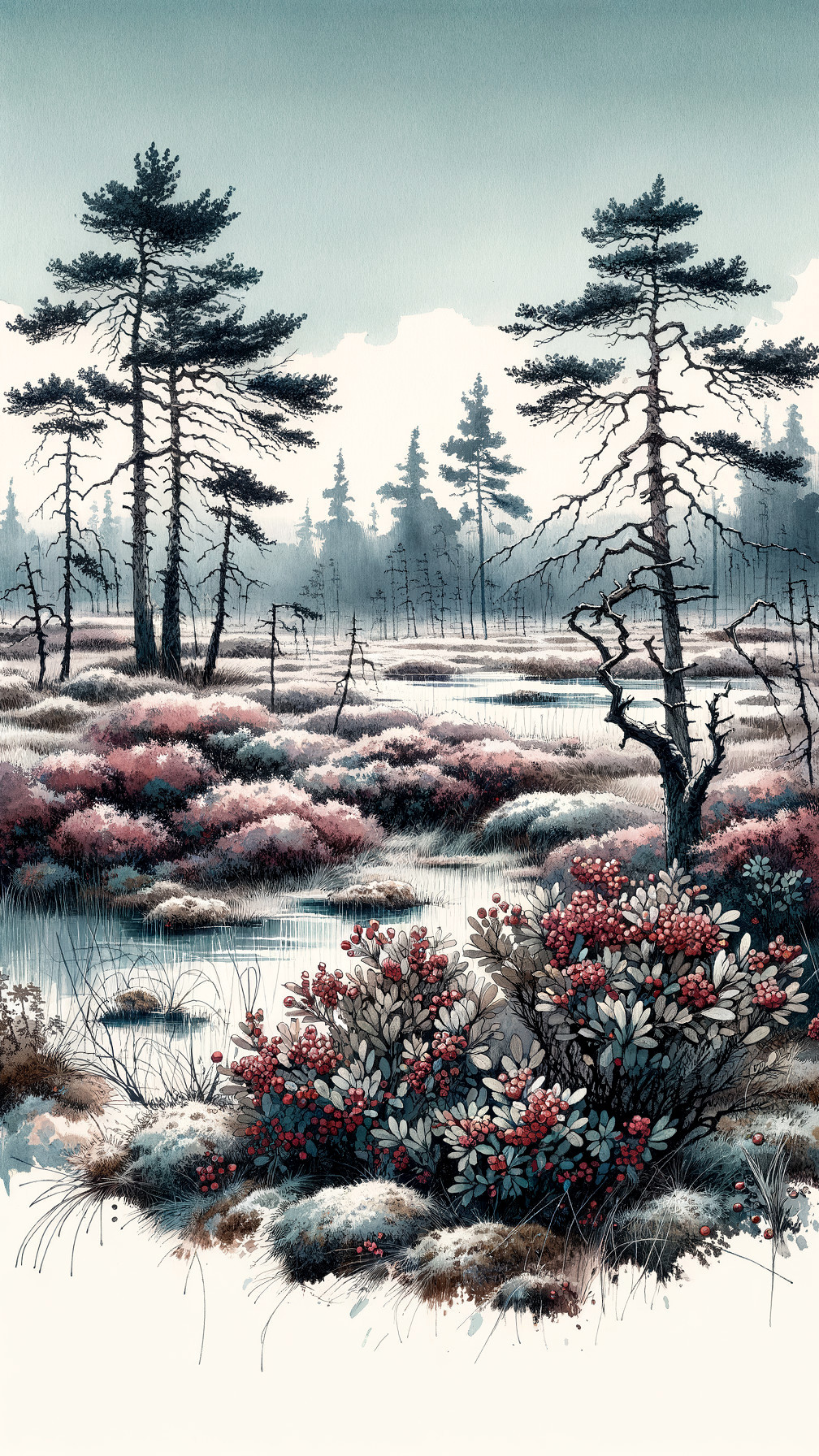Misty Marsh Landscape with Evergreen Trees and Flowers