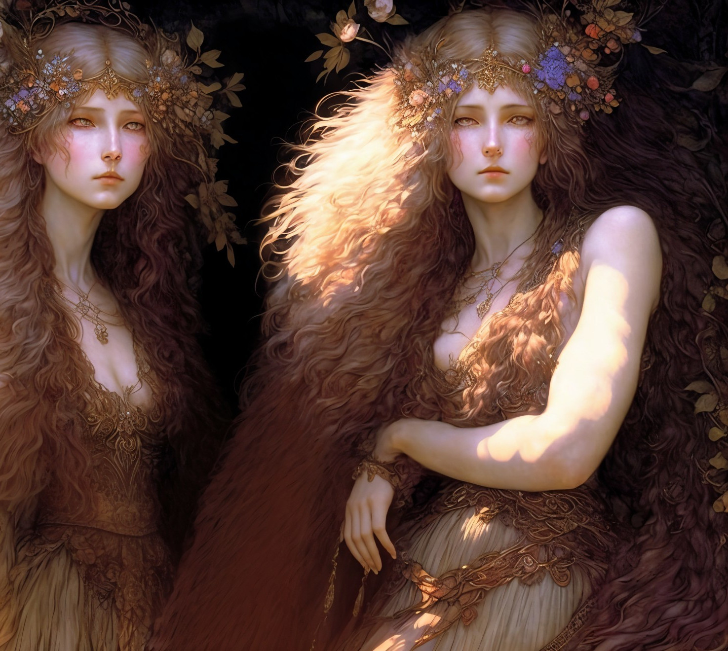 Ethereal Women in Flowing Dresses with Natural Elements