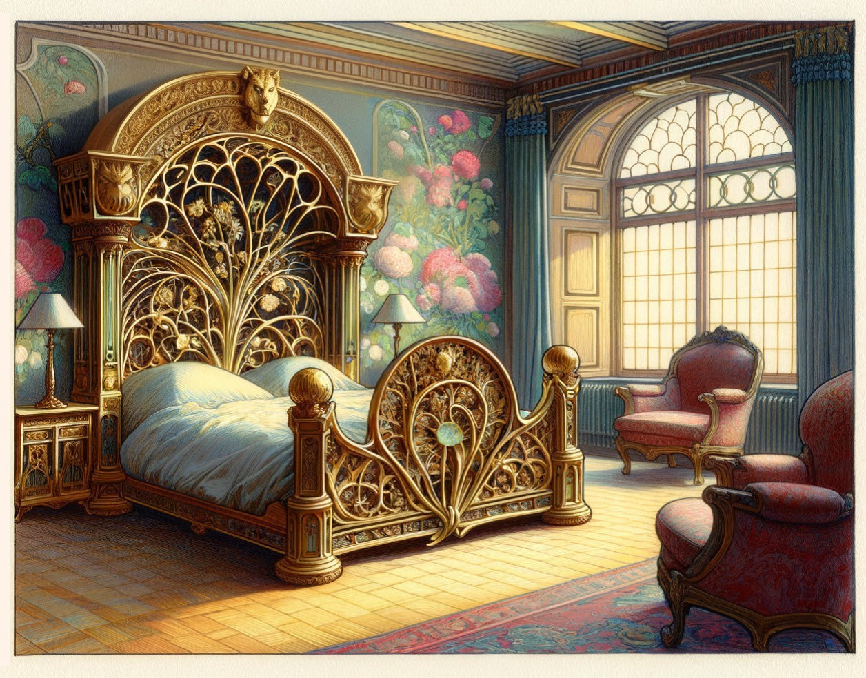 Luxurious Bedroom with Ornate Gold-Accented Decor