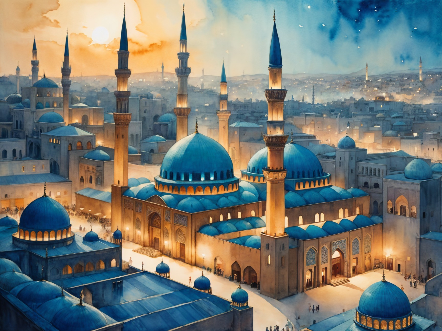 Twilight City Scene with Grand Mosque and Bustling Streets