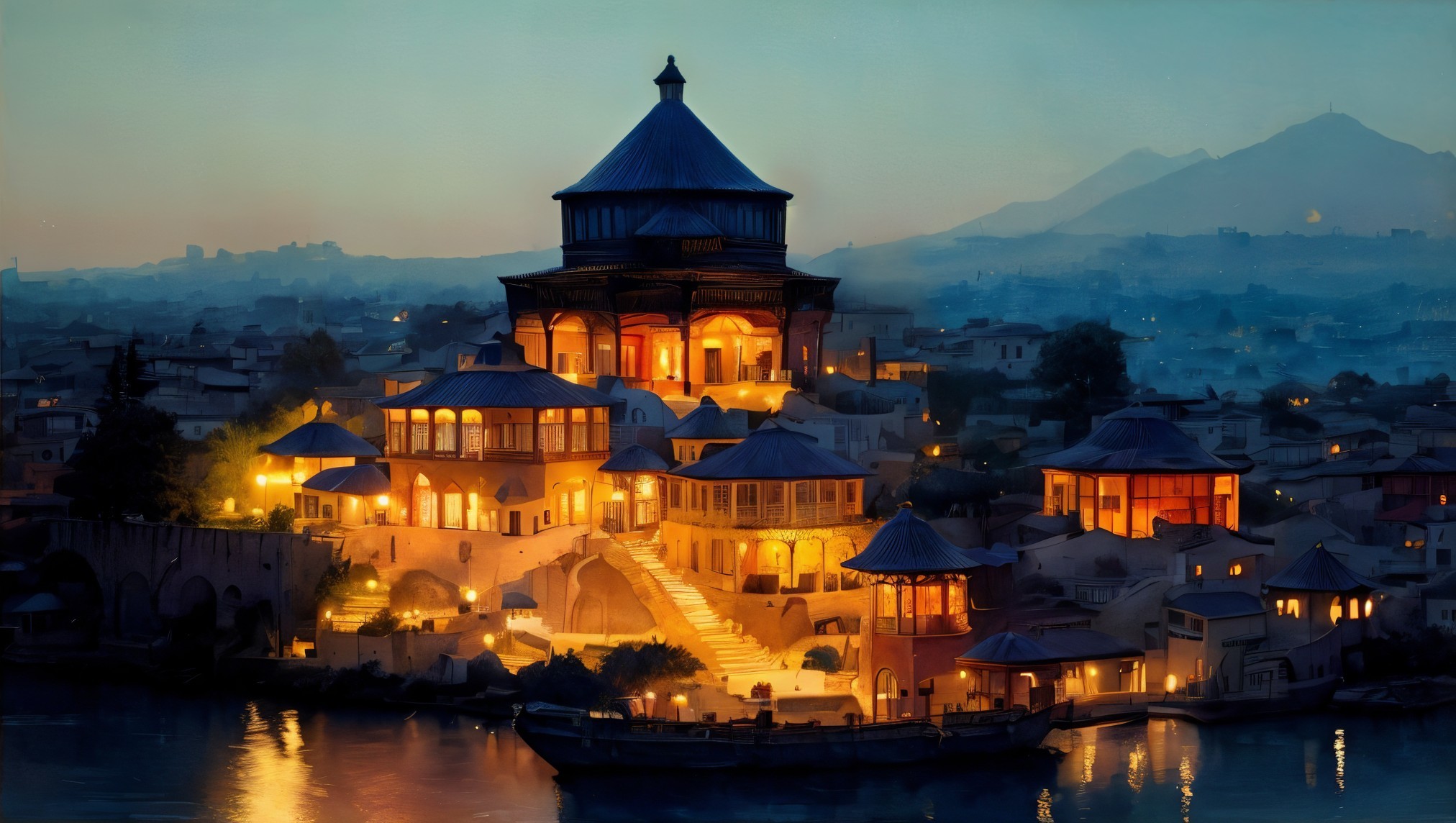 Architectural Marvel Illuminated at Dusk with Mountains