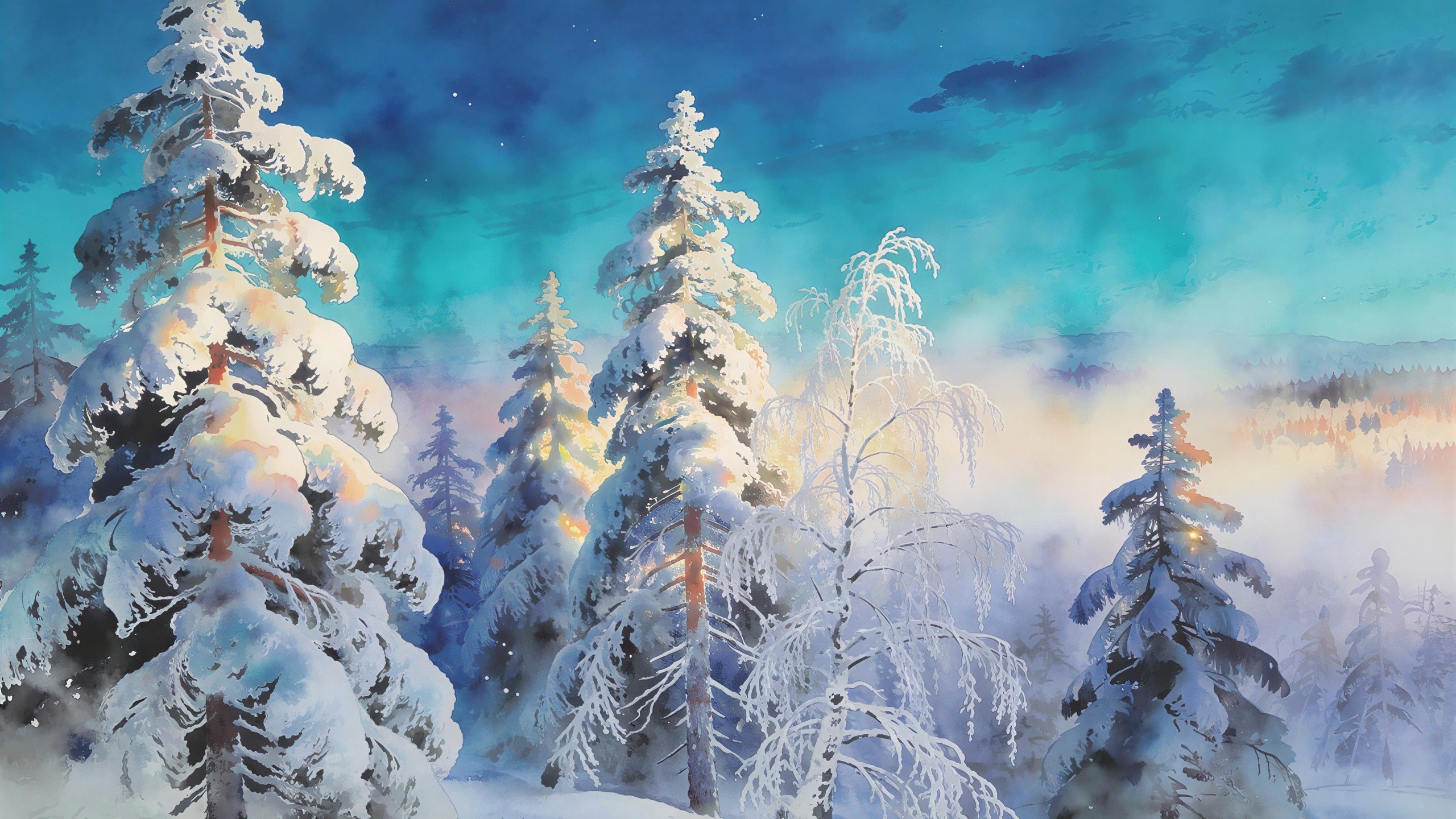 Watercolor Painting of a Winter Forest at Night