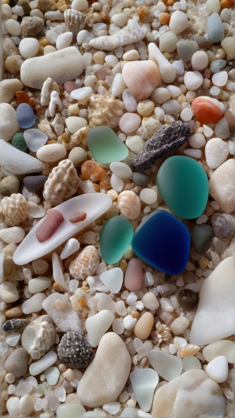 Textured Sandy Surface with Colorful Pebbles and Glass