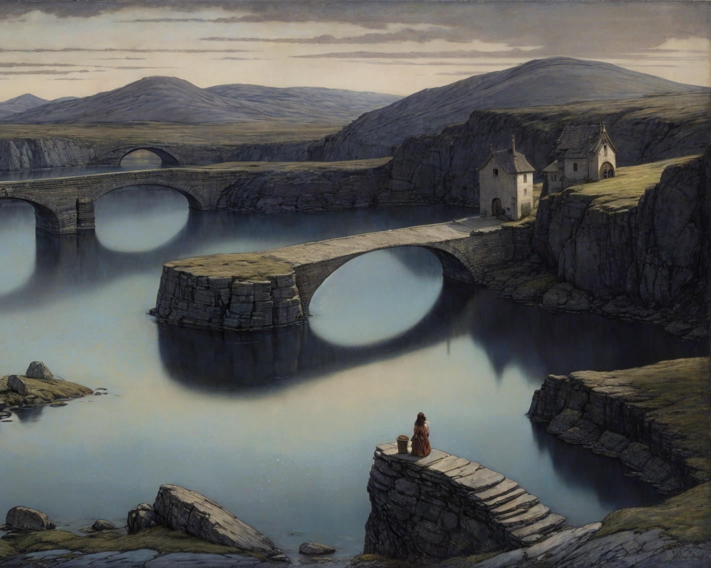 Serene Landscape with Cliffs, River, and Bridges