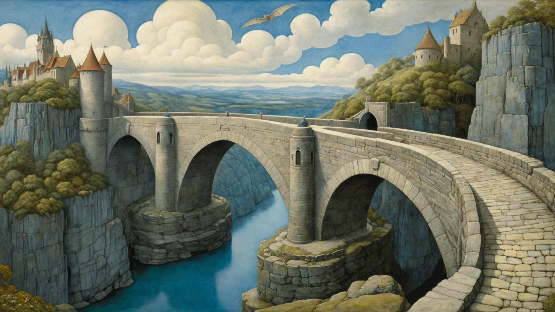 Majestic stone bridge over serene river and castle