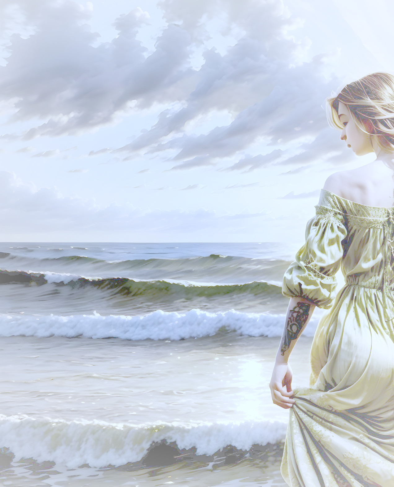 Young Woman at Serene Beach with Elegant Dress and Tattoo