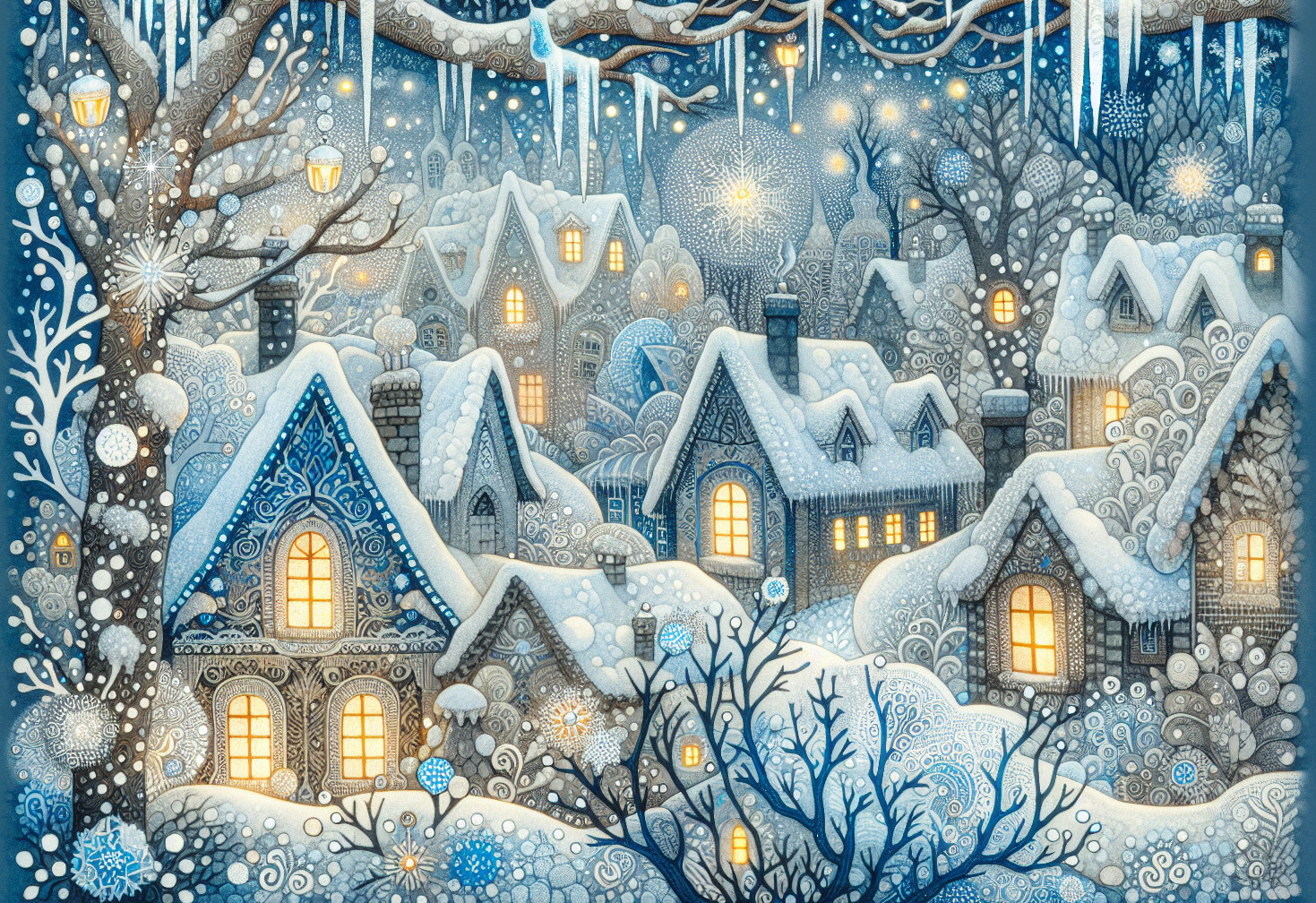 Enchanting Winter Scene with Snowy Houses and Lights