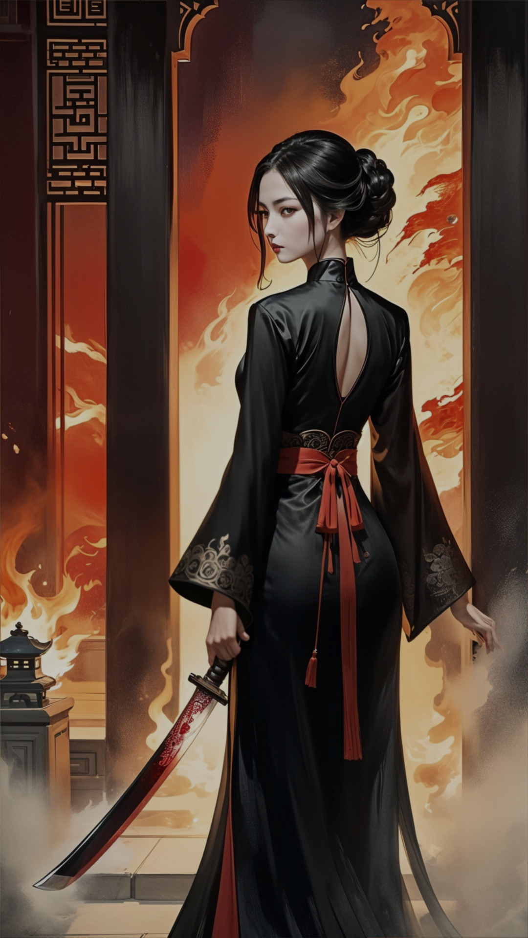 Confident Woman in Black Dress with Red Sword Amid Flames