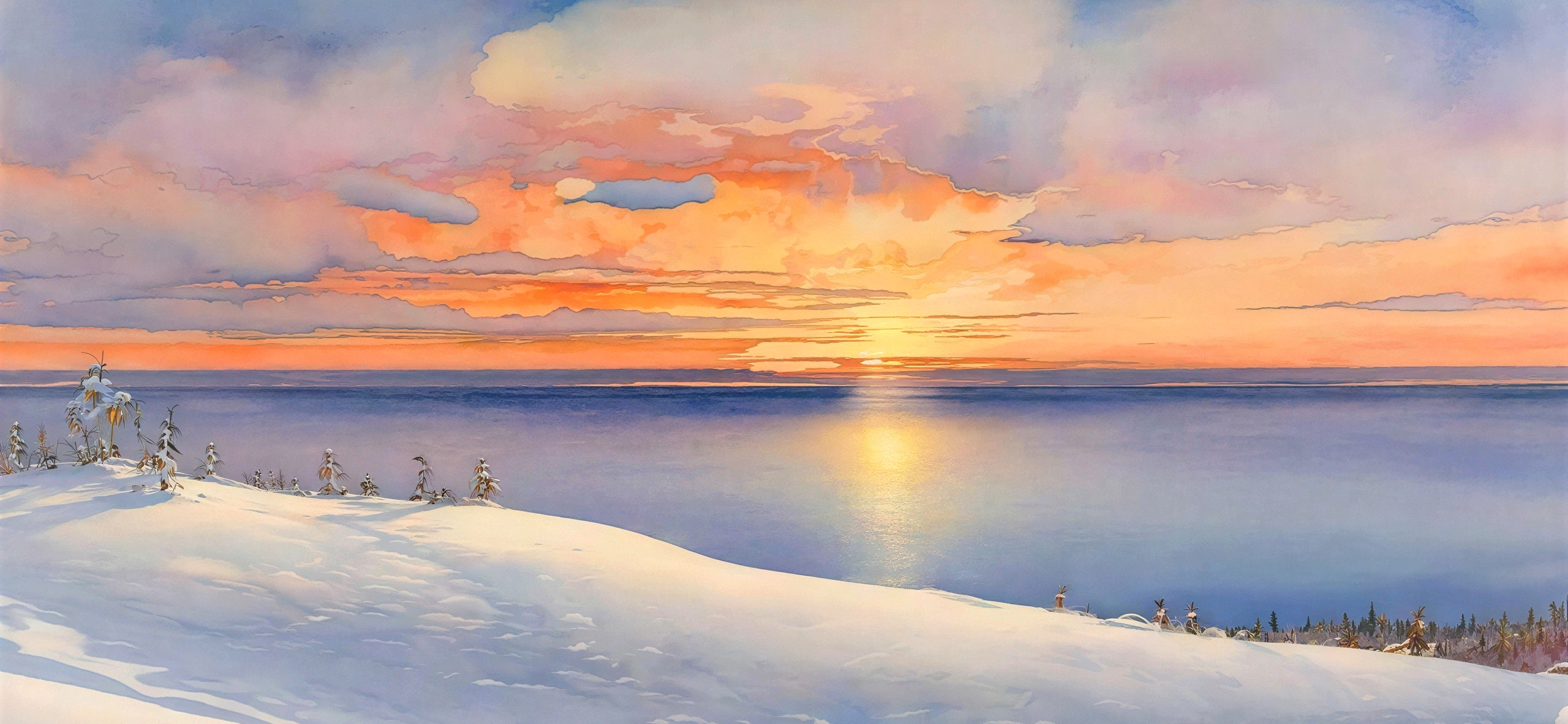 Winter Sunset Watercolor Landscape Over Water