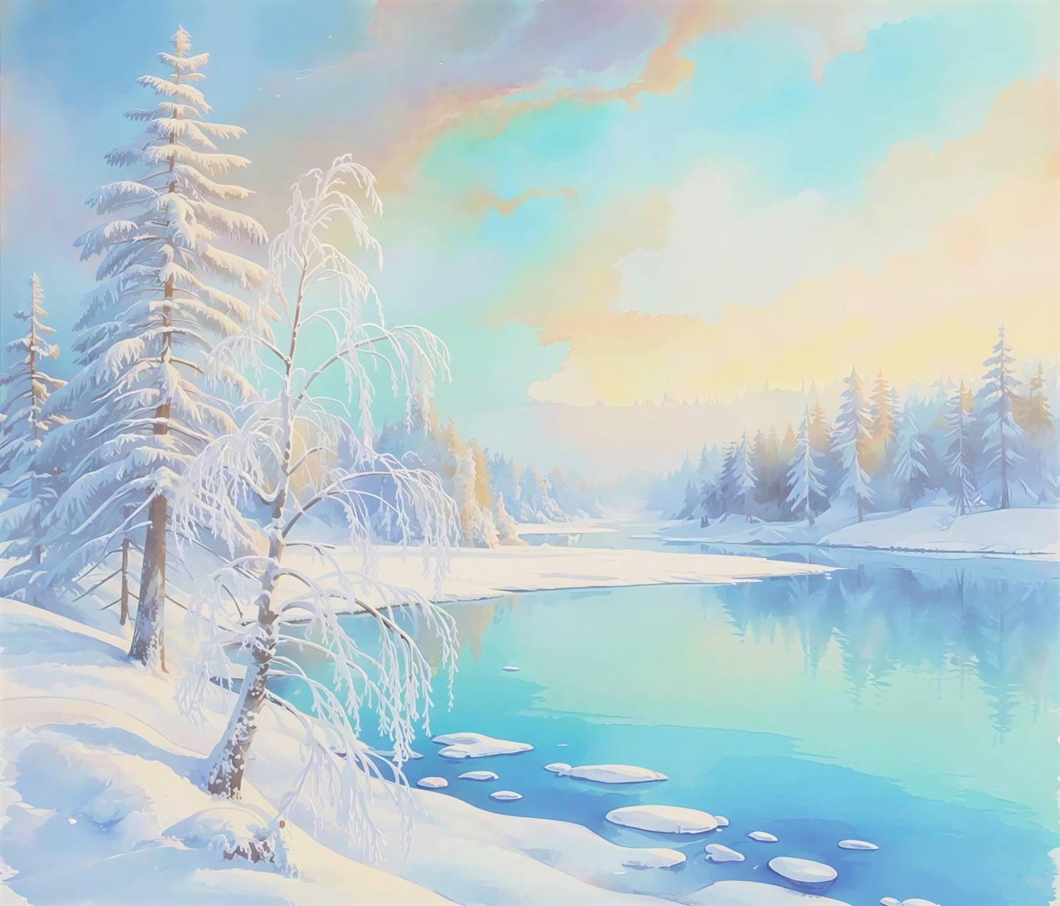 Serene Winter Landscape with Snow and Icy River