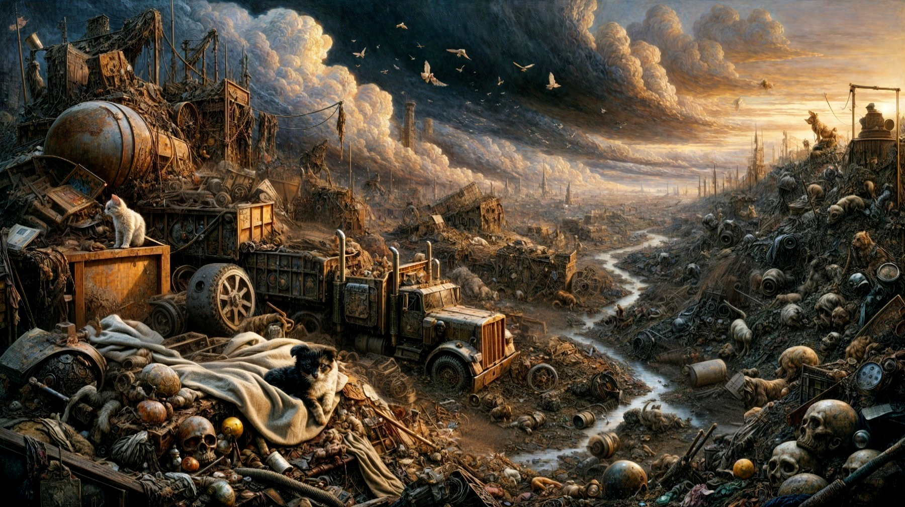 Dystopian Landscape with Ruins and Ominous Clouds