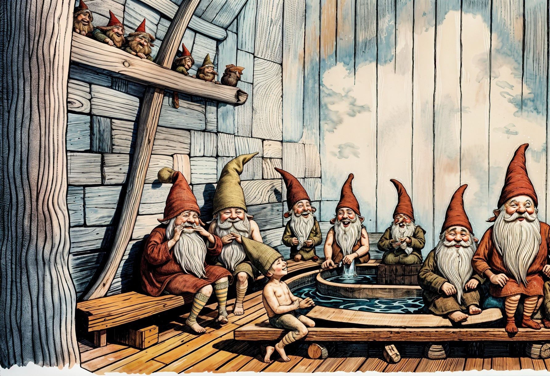 Cheerful Gnomes in Cozy Indoor Scene with Fountain