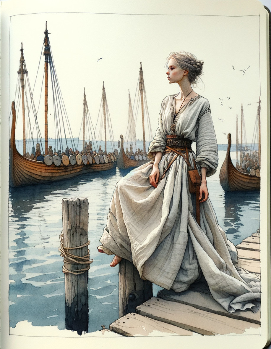 Woman in Dress by Water with Viking Ships at Sunset
