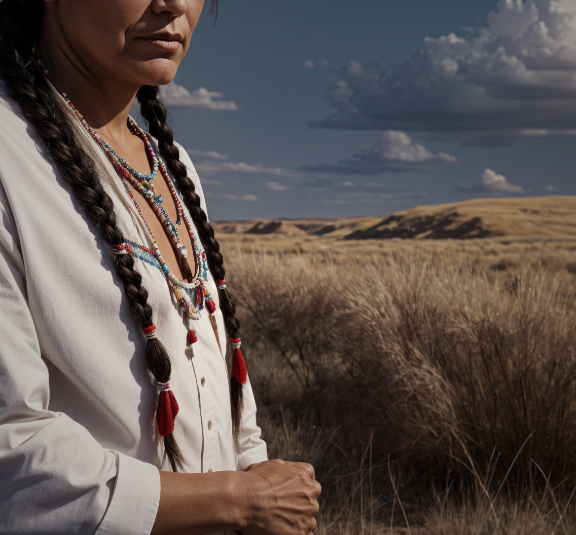 Woman in a Landscape with Dry Grass and Dramatic Sky