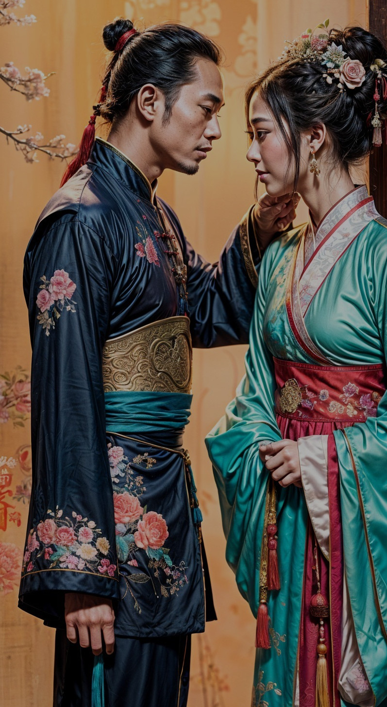 Couple in Colorful Garments Amid Cherry Blossoms