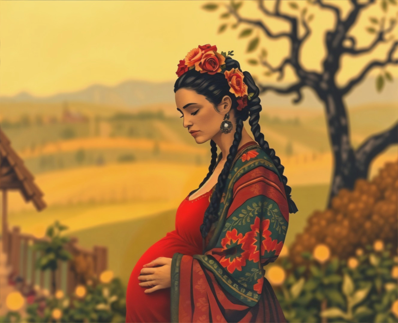 Pregnant Woman in Red Dress Amidst Countryside Setting