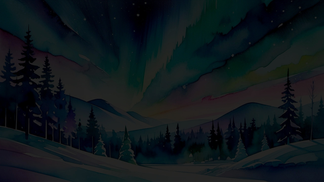 Winter Night Scene with Aurora Borealis and Pines