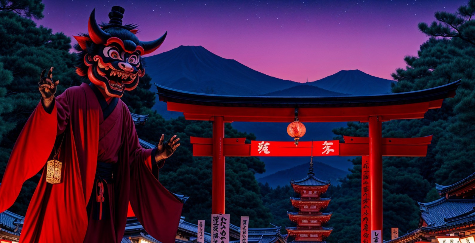 Traditional Demon at Sunset by Torii Gates and Mountains