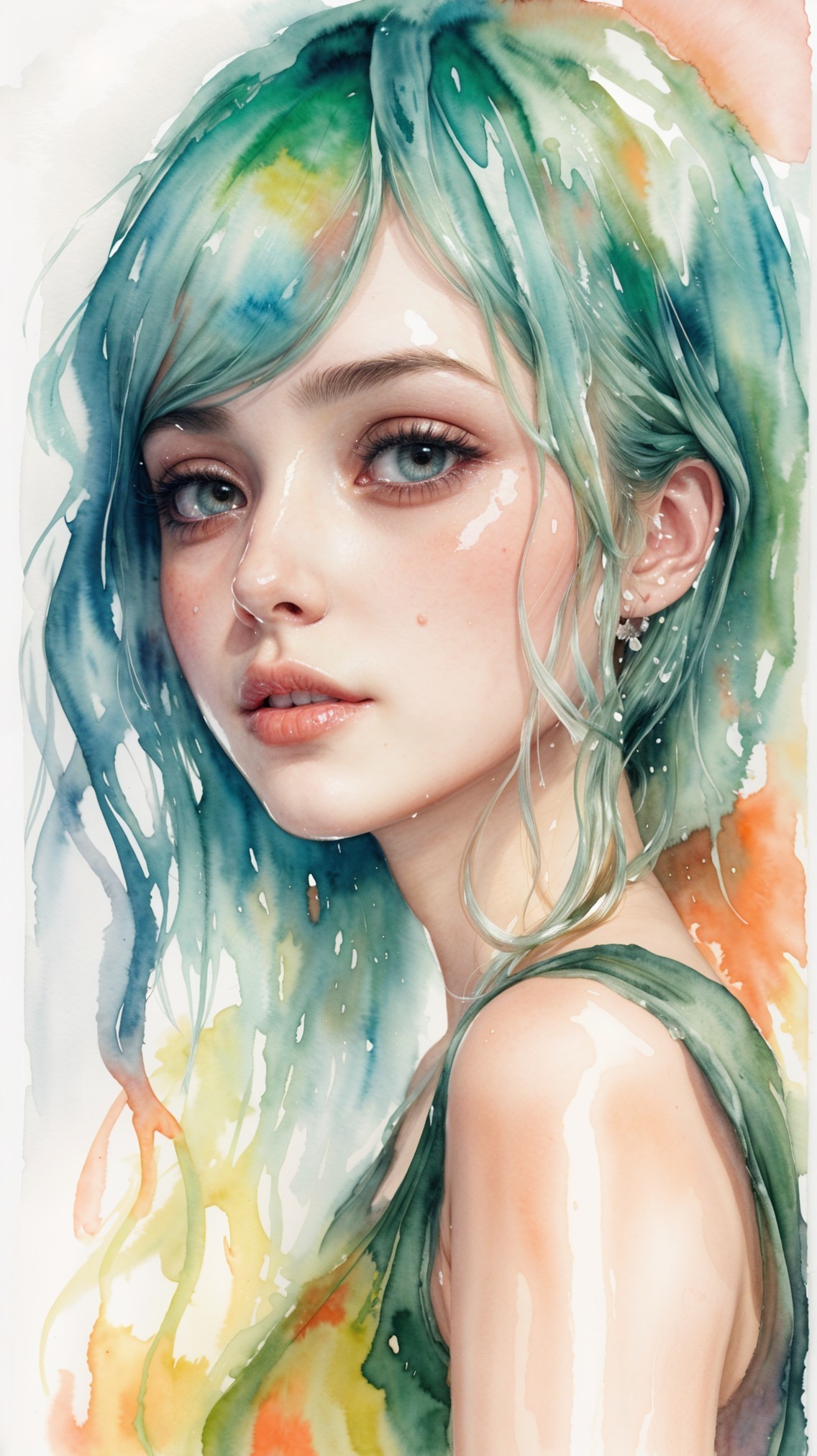 Watercolor Portrait of a Young Woman with Teal Hair