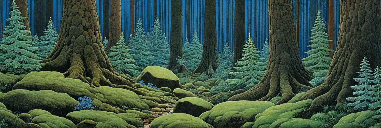 Serene forest scene with towering trees and moss