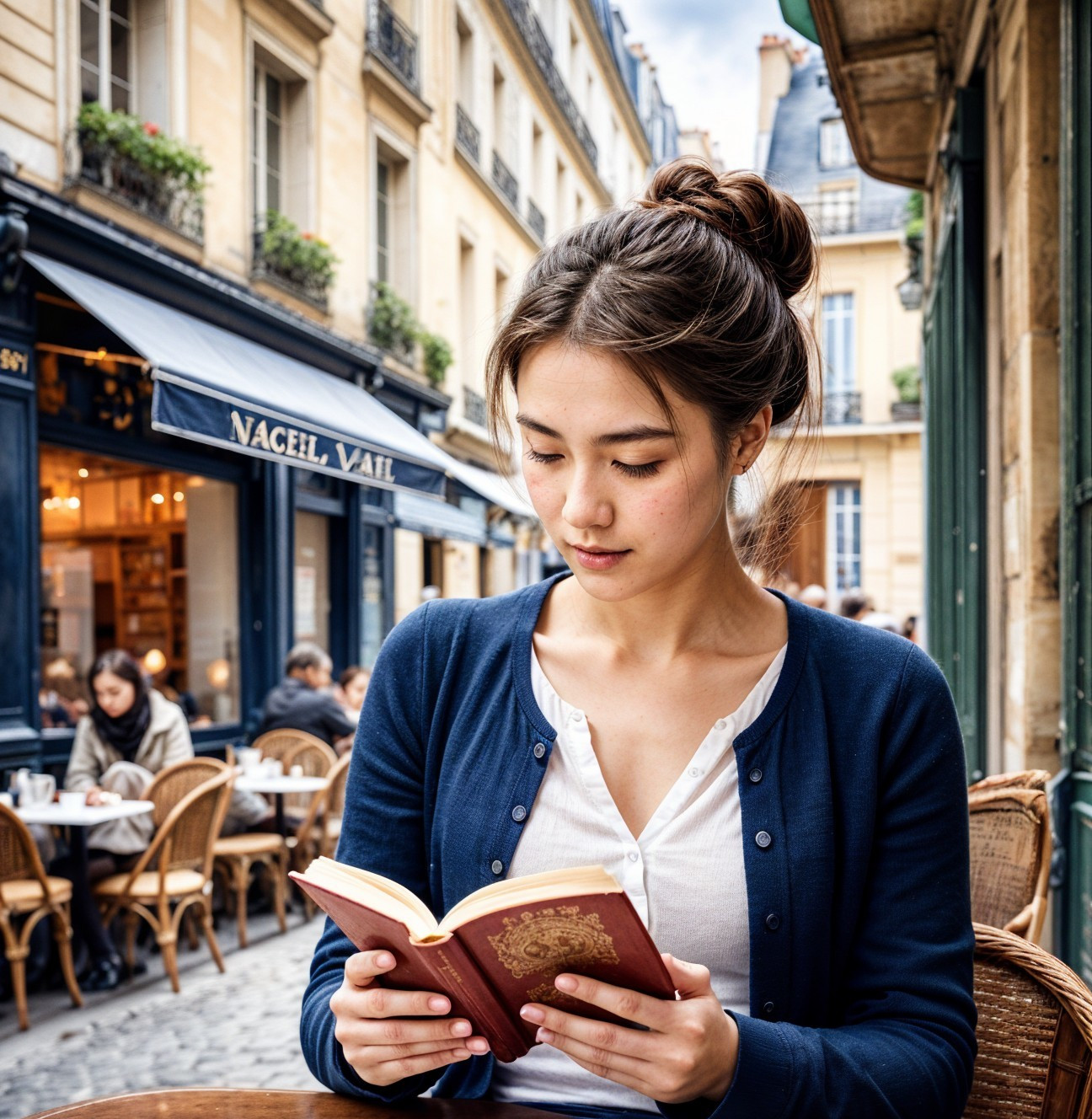 Young woman reading at a café in Paris ambiance