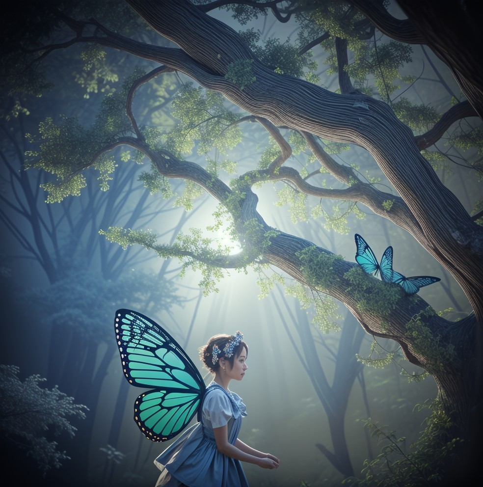 Young girl with butterfly wings in a misty forest