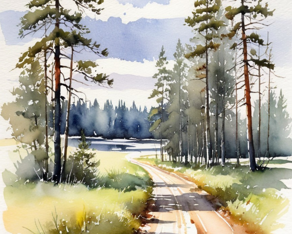 Watercolor Landscape with Path and Tranquil Lake