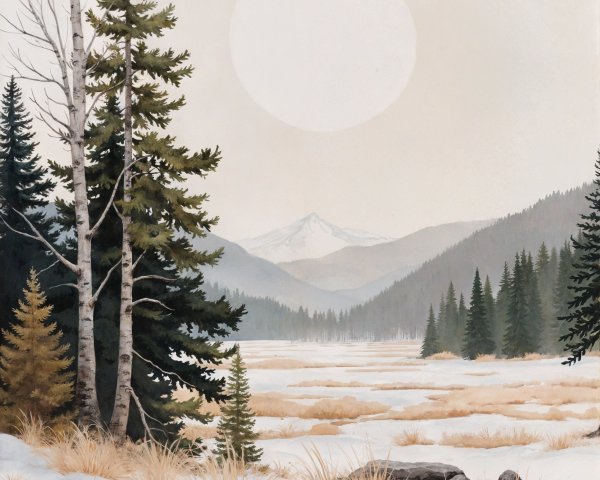 Serene winter landscape with snowy meadow and mountains