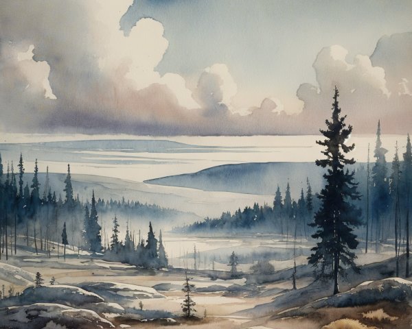Serene Landscape with Hills, Trees, and Water