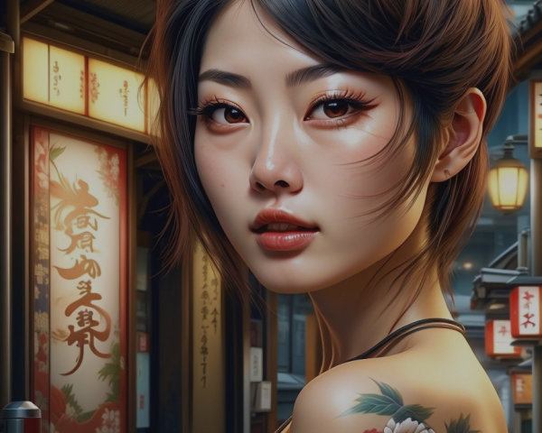 Young Woman in Traditional Lantern-Lit Street Scene