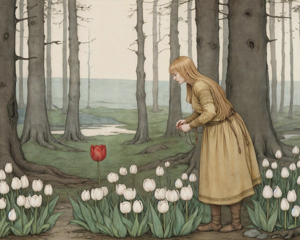 Young Woman Observing Red Tulip in Serene Forest