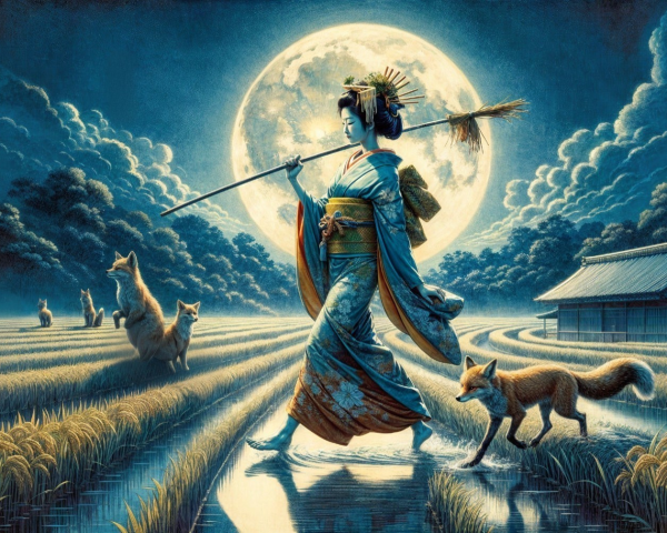 Woman in Traditional Attire in Rice Fields at Night