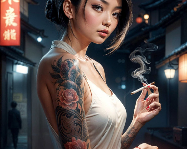 Woman with tattoos poses in a dimly lit street scene