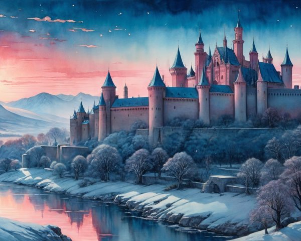 Majestic castle at dawn with serene landscape reflection