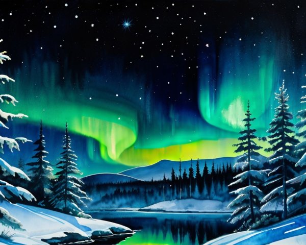 Vibrant Watercolor of Winter Night with Aurora Borealis