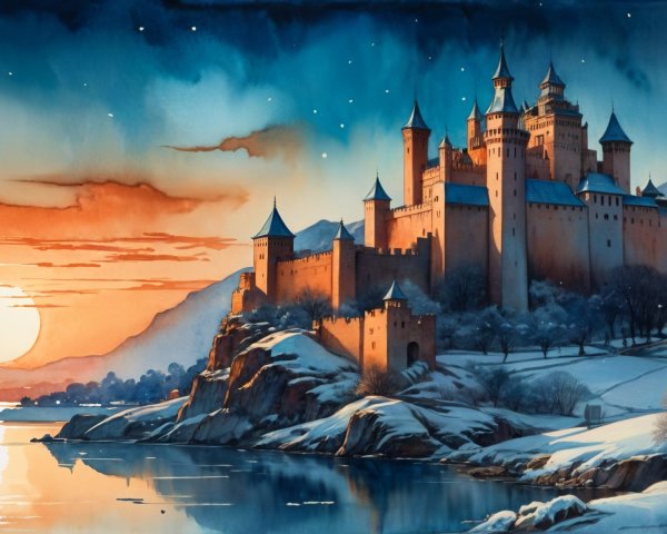 Majestic castle on a rocky promontory at sunset