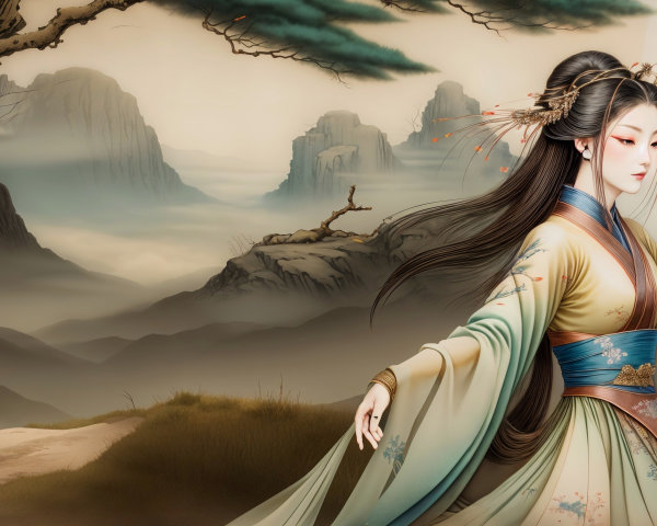 Traditional Attire in Serene Mountain Landscape