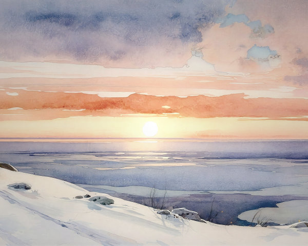 Watercolor Painting of Serene Winter Landscape at Sunset