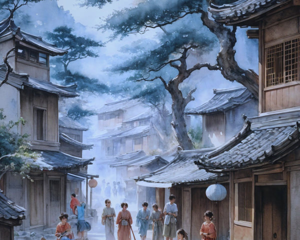 Narrow Street with Traditional Wooden Houses in Village