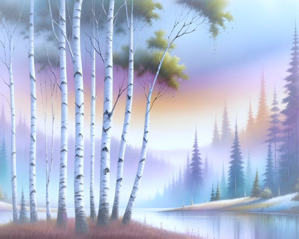 Serene Landscape with Birch Trees and Calm Lake
